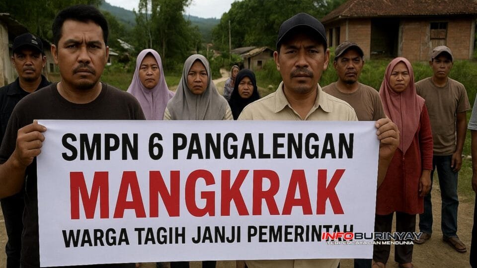 Warga Desa Tribakti Mulya di Pangalengan membentangkan spanduk bertuliskan “SMPN 6 Pangalengan Mangkrak, Warga Tagih Janji Pemerintah” di depan lahan sekolah yang belum dibangun.