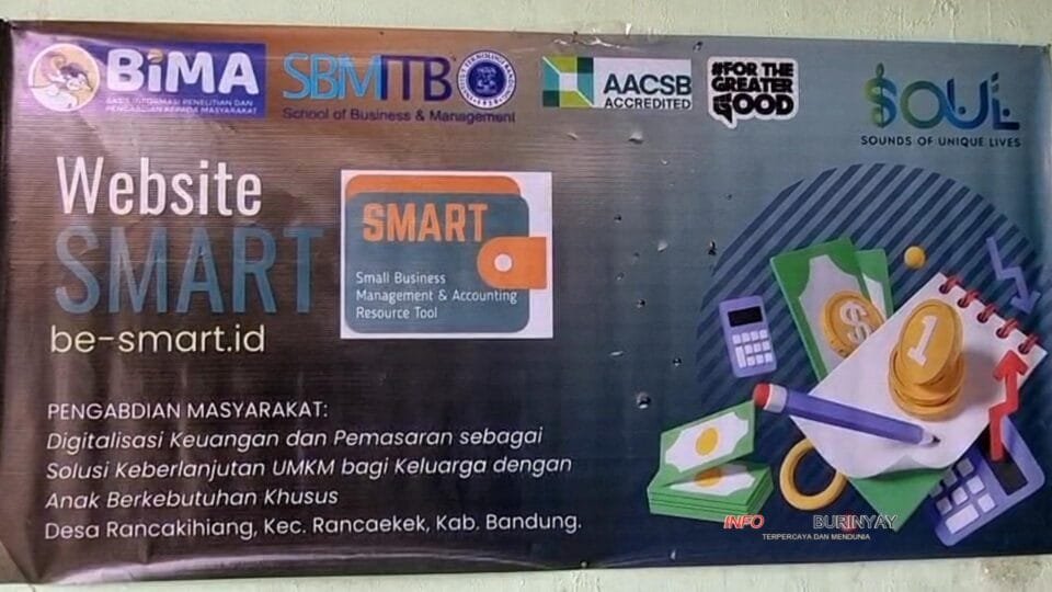 peluncuran Website SMART SBM ITB yang menampilkan logo BIMA, SBM ITB, AACSB, SOUL, serta informasi program digitalisasi keuangan dan pemasaran bagi UMKM keluarga anak berkebutuhan khusus.