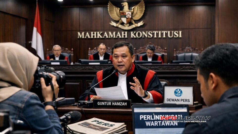 Hakim Mahkamah Konstitusi membacakan putusan uji materi UU Pers terkait perlindungan wartawan dalam sidang Mahkamah Konstitusi.