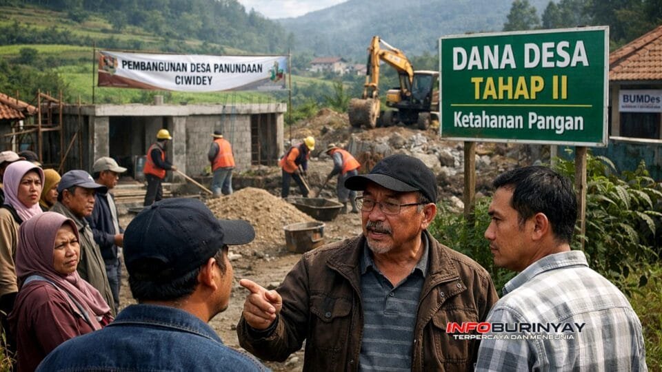 Kegiatan pembangunan Desa Panundaan Kecamatan Ciwidey Kabupaten Bandung dengan latar proyek dana desa tahap II ketahanan pangan dan aktivitas warga memantau proses pembangunan.