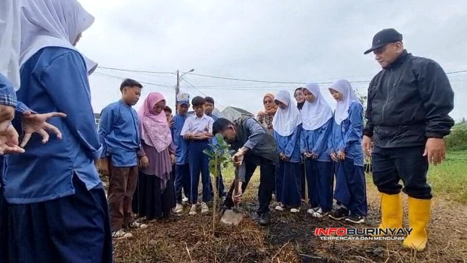 Kepala SMPN 5 Rancaekek Ujang Sutisna S Pd menanam bibit pohon pada kegiatan Juna Jumat Menanam di lingkungan sekolah