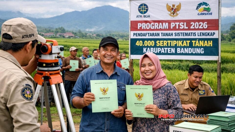Warga Kabupaten Bandung menunjukkan sertipikat tanah hasil Program PTSL saat proses pengukuran oleh petugas ATRBPN