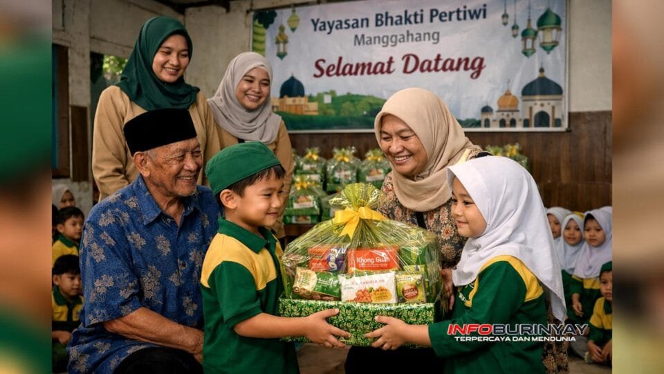 Anak-anak KB-TK PCI KIDS Baleendah menyerahkan bingkisan Lebaran kepada pengurus Yayasan Bhakti Pertiwi Manggahang dalam kegiatan kunjungan sosial Ramadhan.