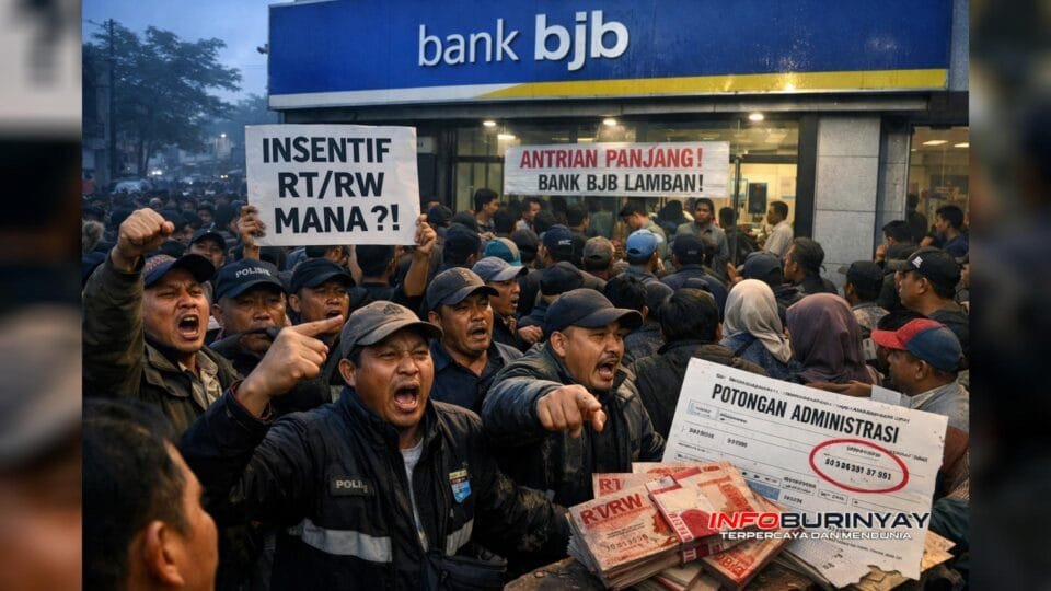 Antrean panjang RT dan RW memadati kantor Bank BJB di Kabupaten Bandung saat pencairan insentif, memicu protes dan keluhan layanan