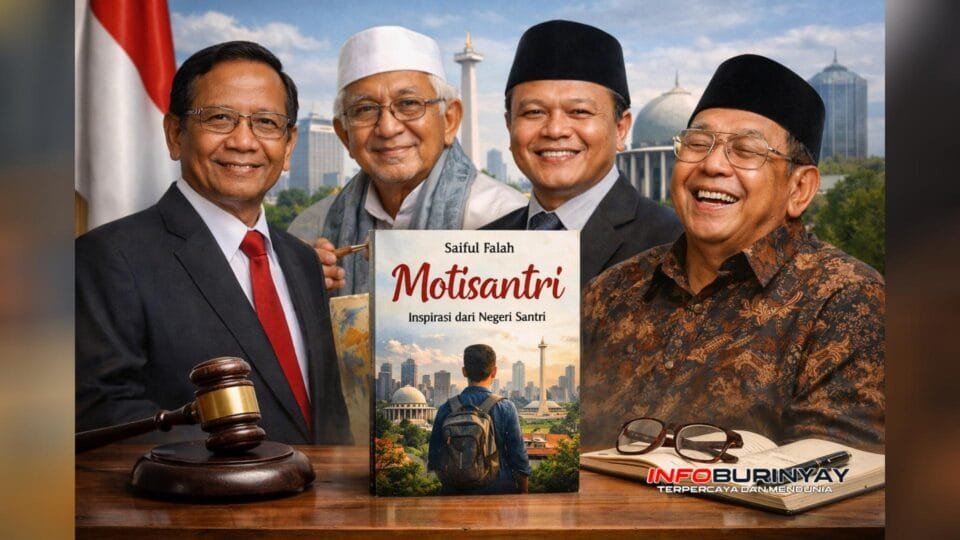 Ilustrasi buku Motisantri karya Saiful Falah menampilkan tokoh nasional berlatar pesantren seperti Mahfud MD, KH Ahmad Mustofa Bisri, Hidayat Nur Wahid, dan KH Abdurrahman Wahid.