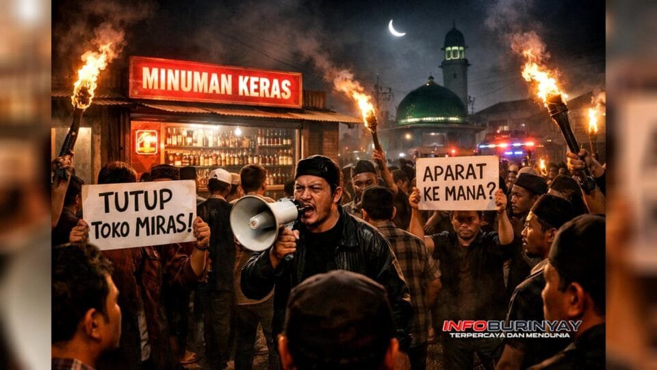 Warga Desa Gandasari Katapang menggelar aksi protes peredaran miras saat Ramadan dengan membawa poster dan obor di depan kios penjual miras