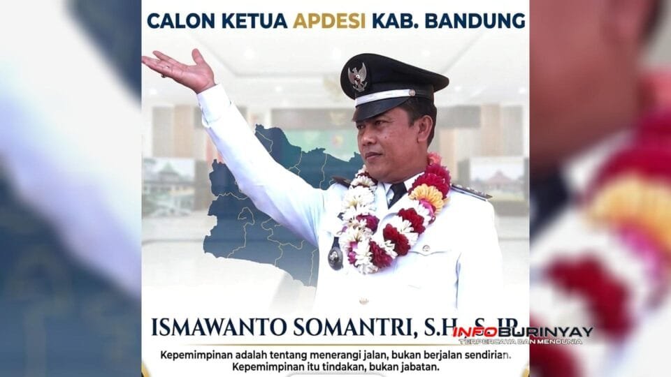 Ismawanto Somantri calon Ketua APDESI Kabupaten Bandung 2026 mengenakan seragam kepala desa dengan latar peta wilayah kabupaten Bandung
