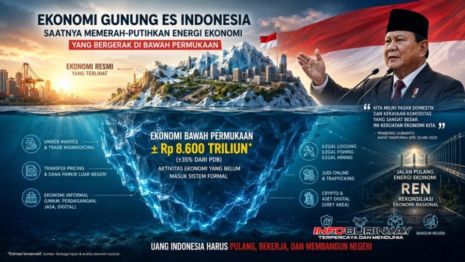 Ilustrasi ekonomi gunung es Indonesia dengan visual bawah permukaan senilai Rp8.600 triliun dan pidato Presiden Prabowo Subianto tentang energi ekonomi nasional.
