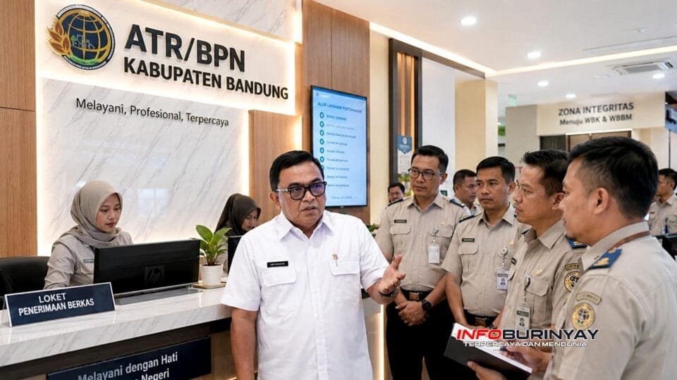 Kepala ATRBPN Kabupaten Bandung Iim Rohiman menjelaskan sistem pelayanan pertanahan saat kunjungan kerja Kanwil ATRBPN Jawa Barat di Kantor ATRBPN Kabupaten Bandung, Soreang.