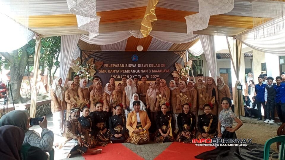 Pelepasan siswa-siswi kelas XII SMK KP 3 Majalaya Angkatan XXX Tahun 2026 di Majalaya, Kabupaten Bandung, dengan penampilan seni budaya dan jajaran guru sekolah.