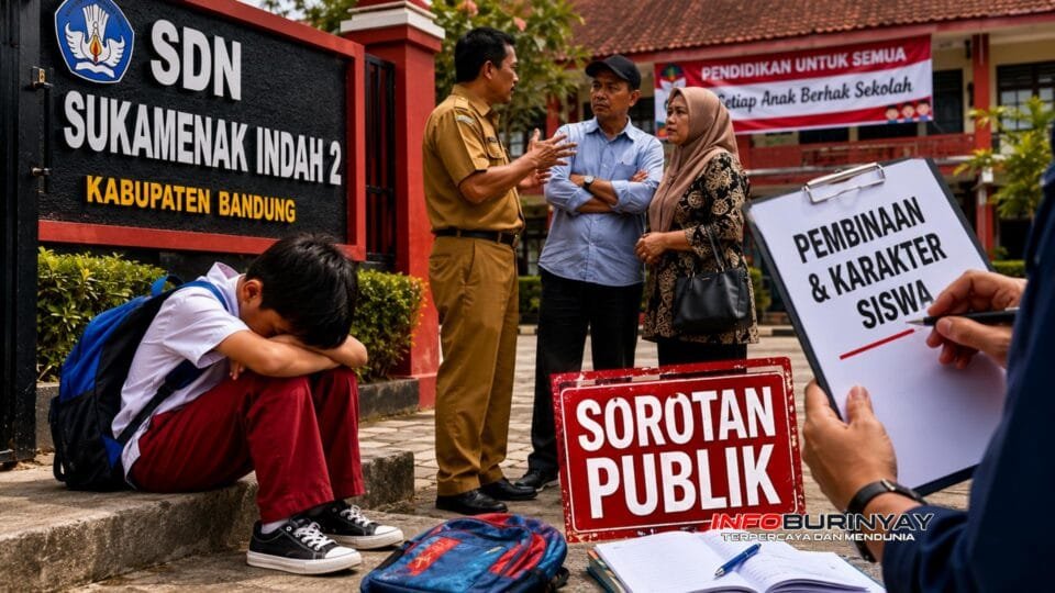 Ilustrasi suasana di SDN Sukamenak Indah 2 setelah keputusan sekolah mengeluarkan seorang siswa memicu sorotan publik terkait pembinaan karakter peserta didik.