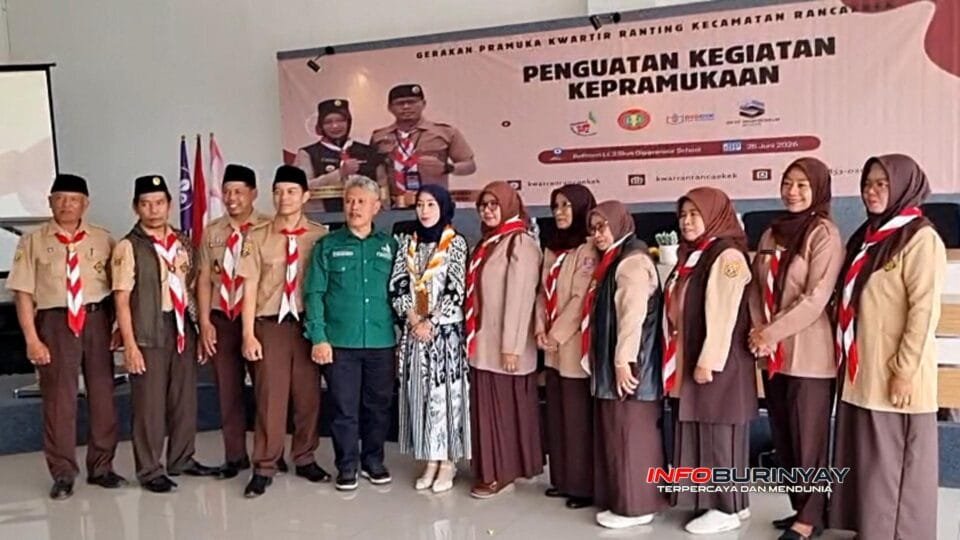 Pengurus Kwarcab Kabupaten Bandung, Kwaran Rancaekek, Pusdiklatcab Parahyangan, dan para Mabigus TK, SD, SMP hingga PKBM berfoto bersama pada kegiatan Penguatan Kegiatan Kepramukaan di SMP-SMK Skye Digipreneur Rancaekek.