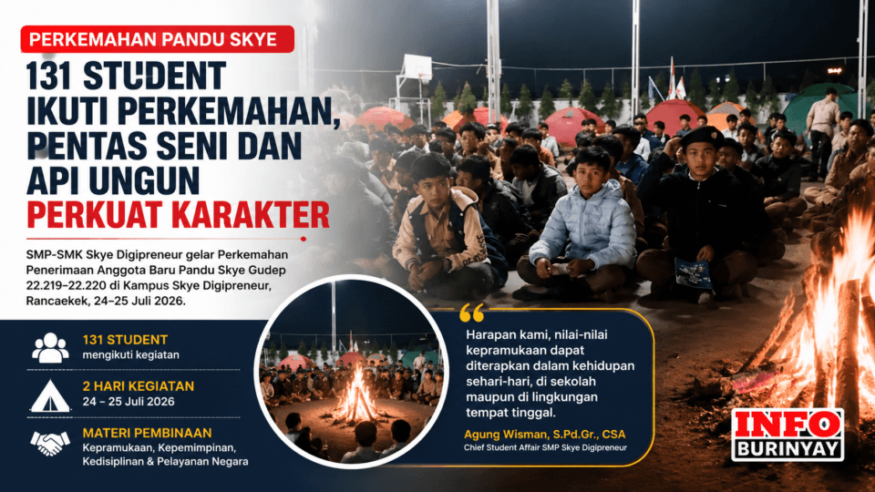 131 student mengikuti Perkemahan Penerimaan Anggota Baru Pandu Skye SMP-SMK Skye Digipreneur saat malam pentas seni dan api unggun di Rancaekek, Kabupaten Bandung.