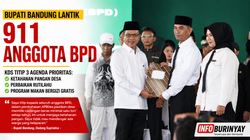 Bupati Bandung Dadang Supriatna menyerahkan dokumen usai melantik 911 anggota BPD di Dome Bale Rame Soreang serta menegaskan prioritas ketahanan pangan, Rutilahu, dan Program Makan Bergizi Gratis.