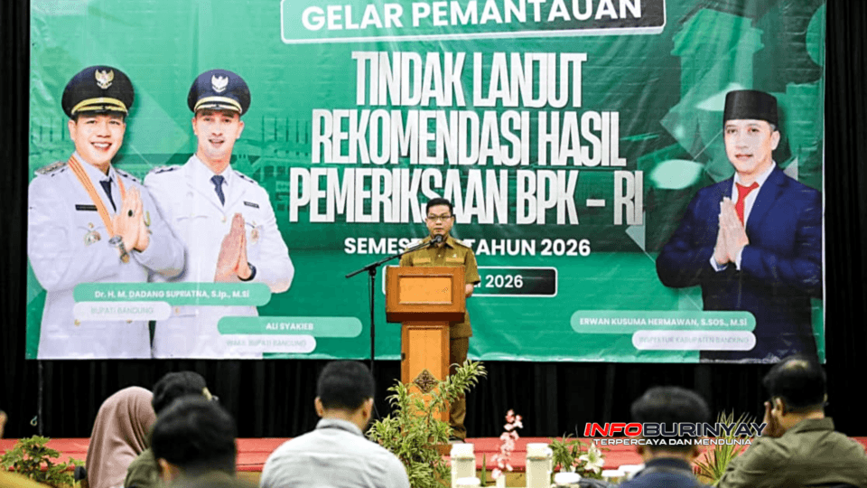 Bupati Bandung Dadang Supriatna membuka Gelar Pemantauan Tindak Lanjut Rekomendasi Hasil Pemeriksaan BPK RI Semester I Tahun 2026 di Hotel Grand Pasundan, Bandung.