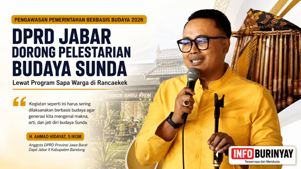 Anggota DPRD Provinsi Jawa Barat Dapil Jabar II Kabupaten Bandung H. Ahmad Hidayat, S.Ikom., menyampaikan komitmen pelestarian budaya Sunda pada kegiatan Pengawasan Pemerintahan Berbasis Budaya Tahun Anggaran 2026 di Lembur Ambu Apon, Desa Sukamanah, Kecamatan Rancaekek, Kabupaten Bandung.