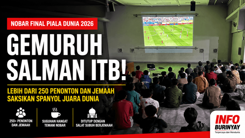 Ratusan mahasiswa ITB dan masyarakat mengikuti nobar Final Piala Dunia 2026 di Gedung Serba Guna Masjid Salman ITB, Bandung, dengan jumlah peserta mencapai lebih dari 250 orang.