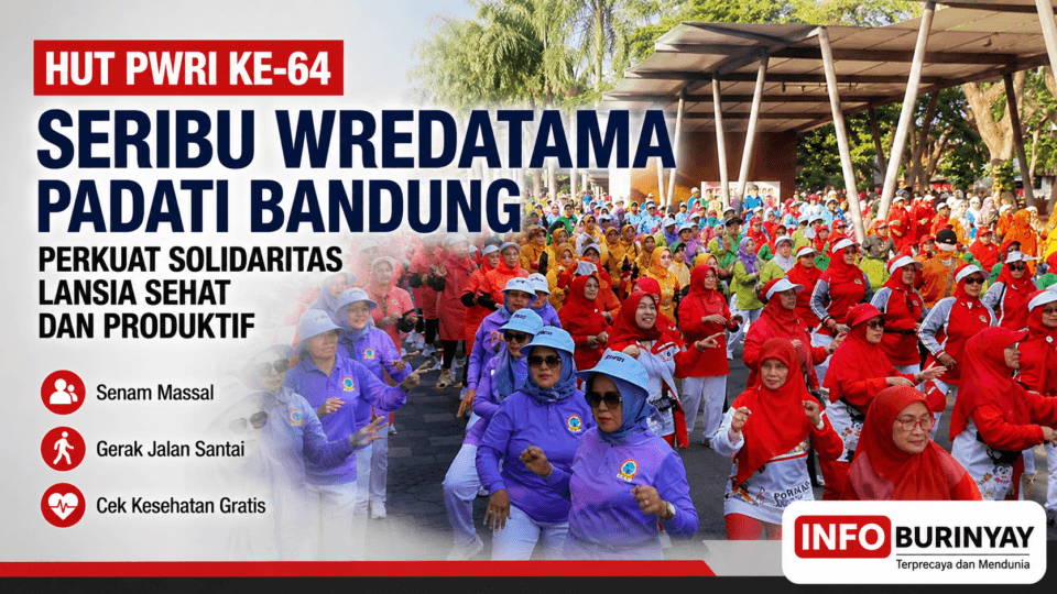 Ribuan anggota PWRI Kota Bandung mengikuti senam massal, gerak jalan santai, dan pemeriksaan kesehatan gratis pada peringatan HUT PWRI ke-64 di Monumen Perjuangan Jawa Barat, Kota Bandung.