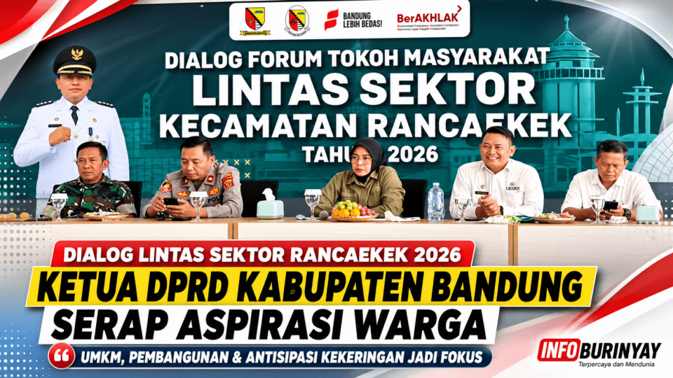 Ketua DPRD Kabupaten Bandung Hj. Renie Rahayu Fauzi menghadiri Dialog Forum Tokoh Masyarakat Lintas Sektor Kecamatan Rancaekek Tahun 2026 bersama Forkopimcam, tokoh masyarakat, dan pelaku UMKM untuk menyerap aspirasi warga.
