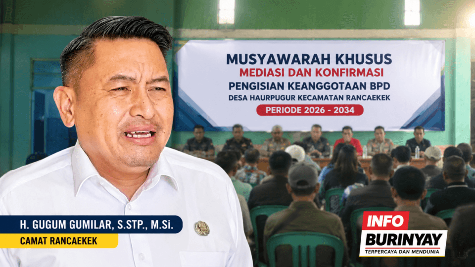 Camat Rancaekek H. Gugum Gumilar menghadiri Musyawarah Khusus Mediasi dan Konfirmasi keberatan pengisian anggota BPD Desa Haurpugur Periode 2026–2034 di GOR Desa Haurpugur, Kabupaten Bandung.