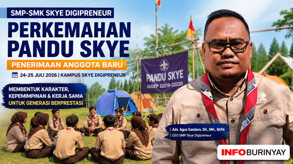 CEO SMP Skye Digipreneur Adv. Agus Gandara, SH., MH., M.Pd. menghadiri Perkemahan Pramuka Penerimaan Anggota Baru Pandu Skye Gudep 22219–22220 di Kampus SMP-SMK Skye Digipreneur, Rancaekek, Kabupaten Bandung, 24 Juli 2026.