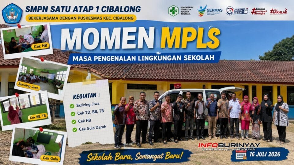 Tim Puskesmas Kecamatan Cibalong melaksanakan cek kesehatan gratis meliputi skrining kesehatan jiwa, pemeriksaan tekanan darah, berat badan, tinggi badan, hemoglobin, dan gula darah bagi peserta didik baru SMPN Satu Atap 1 Cibalong pada kegiatan MPLS Ramah Tahun Pelajaran 2026/2027.