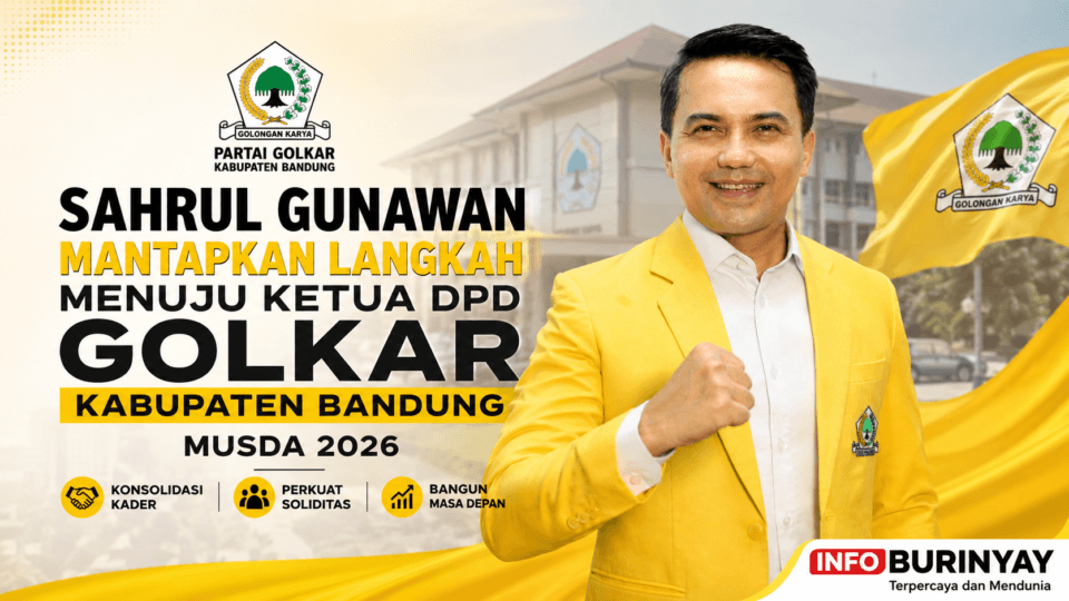 H. Sahrul Gunawan, SE., M.Ag. mengenakan jas kuning Partai Golkar saat menyatakan kesiapan maju sebagai calon Ketua DPD Golkar Kabupaten Bandung dalam Musda 2026.