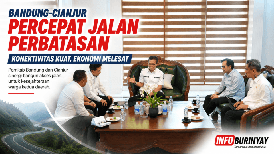 Bupati Bandung Dadang Supriatna memimpin rapat koordinasi bersama jajaran Pemerintah Kabupaten Cianjur untuk mempercepat pembangunan jalan perbatasan guna memperkuat konektivitas wilayah dan mendorong pertumbuhan ekonomi.