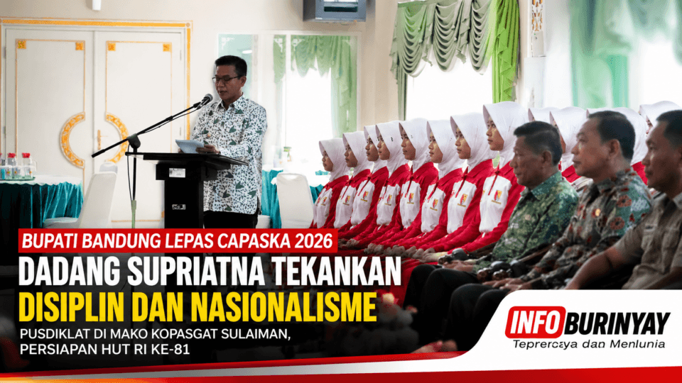 Bupati Bandung Dadang Supriatna melepas Calon Pasukan Pengibar Bendera Pusaka (Capaska) Kabupaten Bandung 2026 sebelum mengikuti Pusdiklat di Mako Kopasgat Sulaiman sebagai persiapan Upacara HUT ke-81 Kemerdekaan RI.