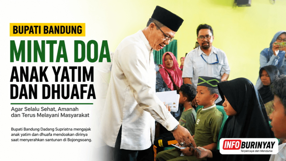 Bupati Bandung Dadang Supriatna menyerahkan santunan kepada anak yatim piatu dan kaum dhuafa di Kecamatan Bojongsoang sambil mengajak masyarakat mendoakan kepemimpinannya agar tetap sehat, amanah, dan terus melayani warga Kabupaten Bandung.