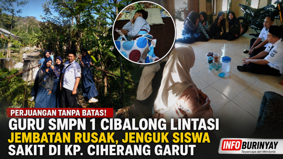 Kepala SMPN Satu Atap 1 Cibalong bersama guru melintasi jembatan gantung rusak untuk menjenguk Haikal Lutfi, siswa yang sakit di Kampung Ciherang, Desa Mekarmukti, Kecamatan Cibalong, Kabupaten Garut.