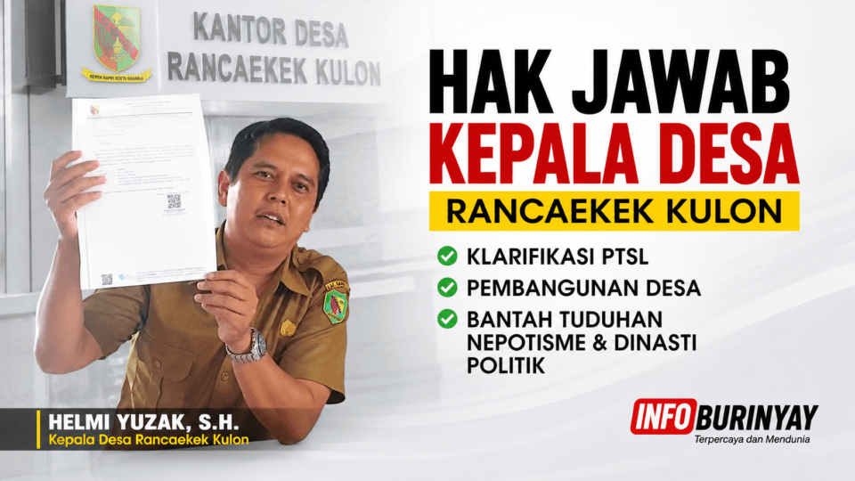 Helmi Yuzak Kepala Desa Rancaekek Kulon menunjukkan dokumen hak jawab saat mengklarifikasi pemberitaan terkait PTSL, proyek lapen aspal, transparansi pembangunan desa, serta tuduhan nepotisme di Kabupaten Bandung.