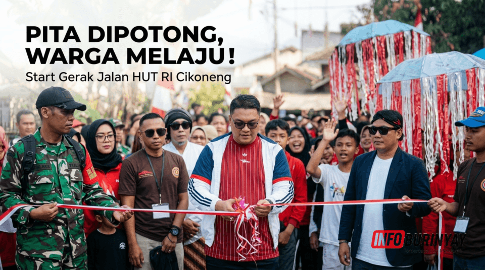 Kepala Desa Cikoneng H. Ihsan Nurjaman menggunting pita saat membuka gerak jalan HUT RI ke-81 yang diikuti ribuan warga.