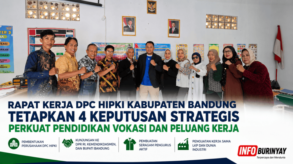 Pengurus DPC HIPKI Kabupaten Bandung berfoto bersama usai rapat kerja di Aula LKP Mahkota Modjang Baleendah yang menetapkan empat keputusan strategis untuk memperkuat pendidikan vokasi, kerja sama industri, dan peluang kerja tahun 2026.