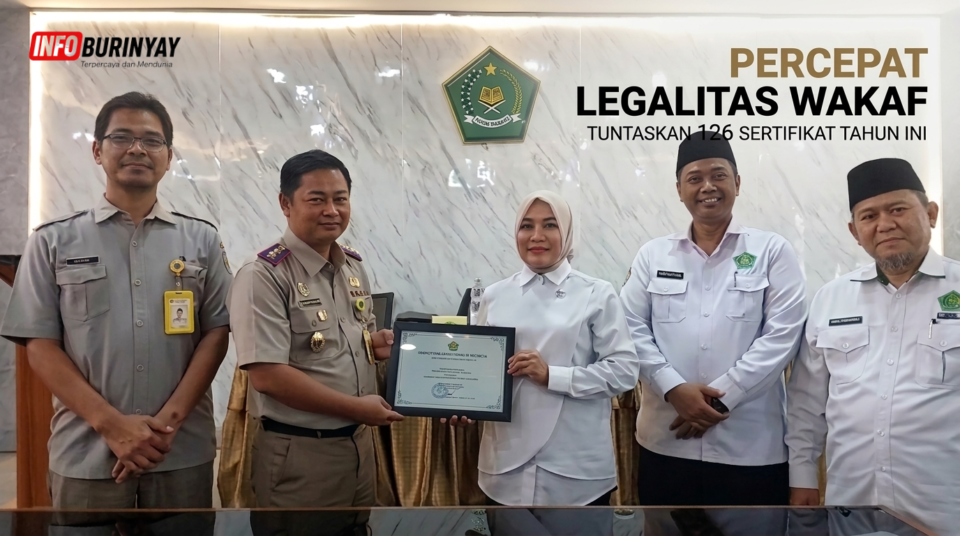 Didin Saripudin dan Baiq Raehanun Ratnasari menunjukkan dokumen kerja sama percepatan sertifikasi tanah wakaf di Kabupaten Bandung Barat.