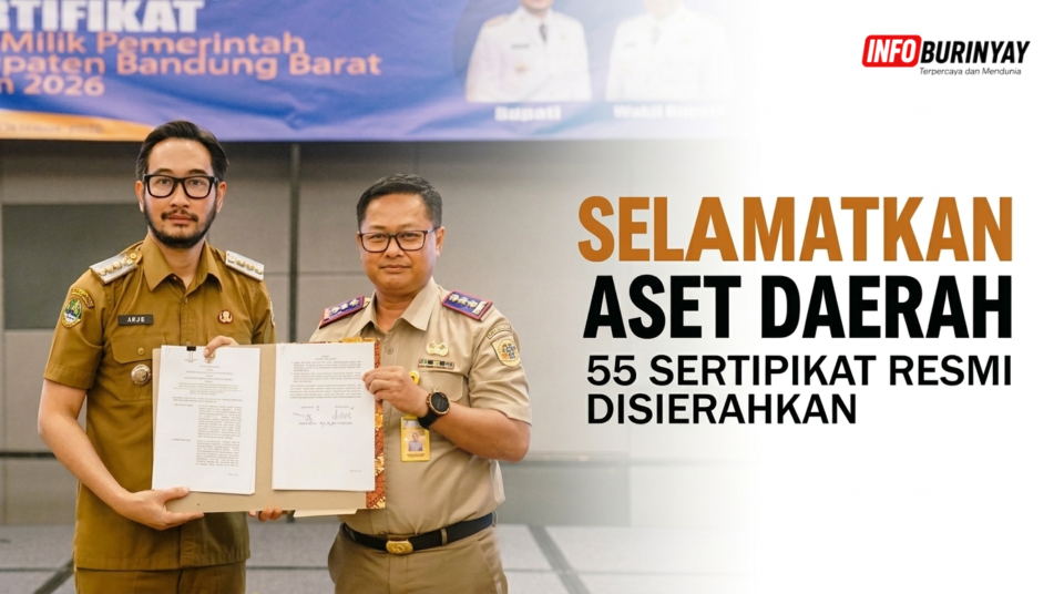 Bupati Bandung Barat Jeje dan Kepala BPN Didin Saripudin menunjukkan dokumen kerja sama penyelamatan aset daerah