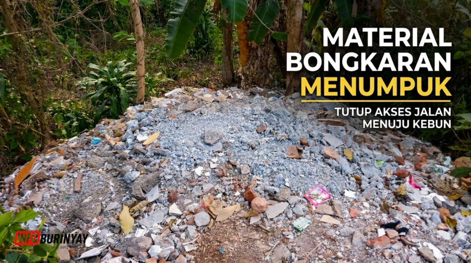 Material bongkaran menutup akses jalan menuju kebun Dadan Kurnia di Desa Cimenyan, Kabupaten Bandung.